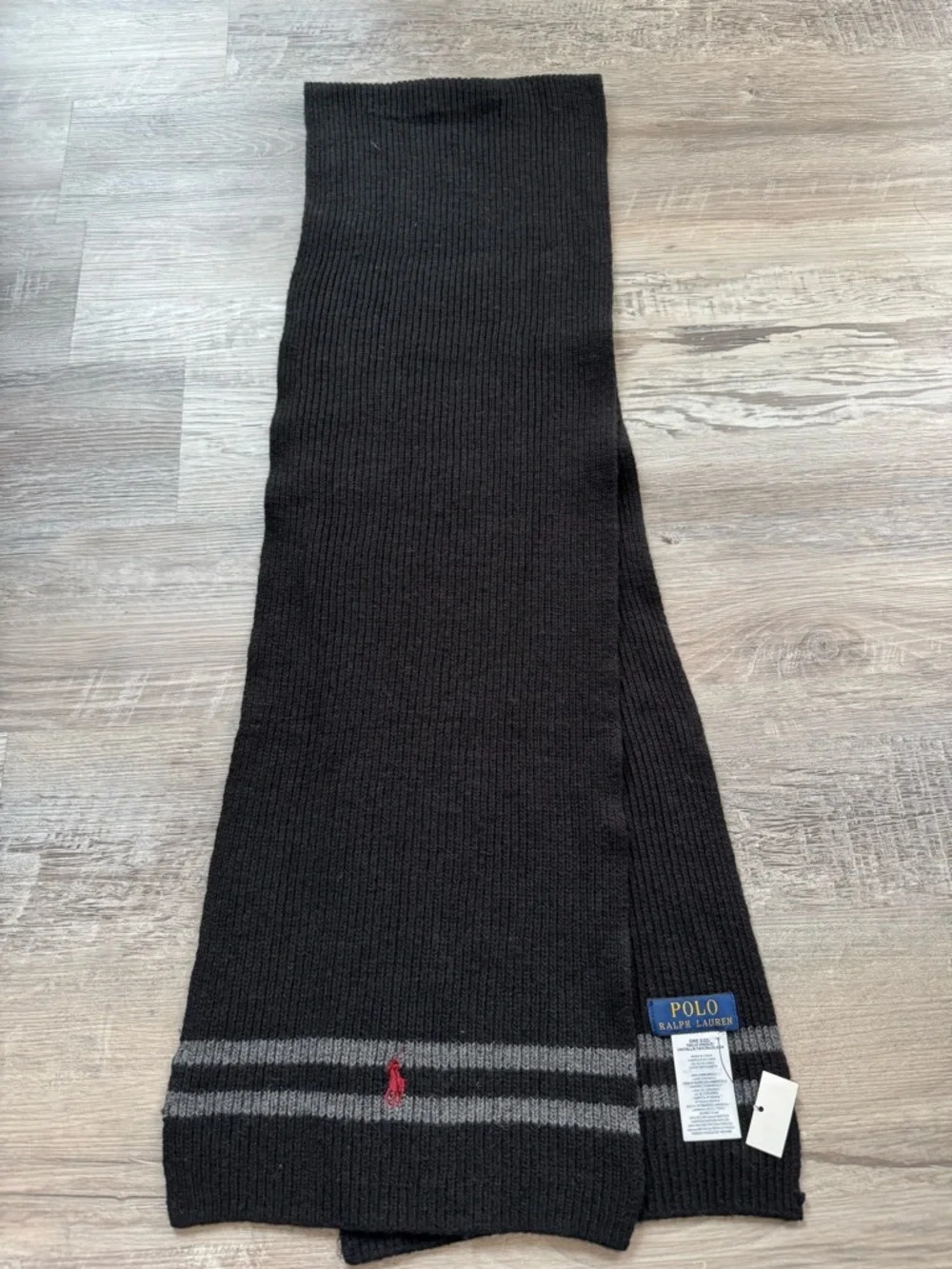 Polo Ralph Lauren Men's Scarf in Black and Gray Stripes. 35% Lambswool, 35%